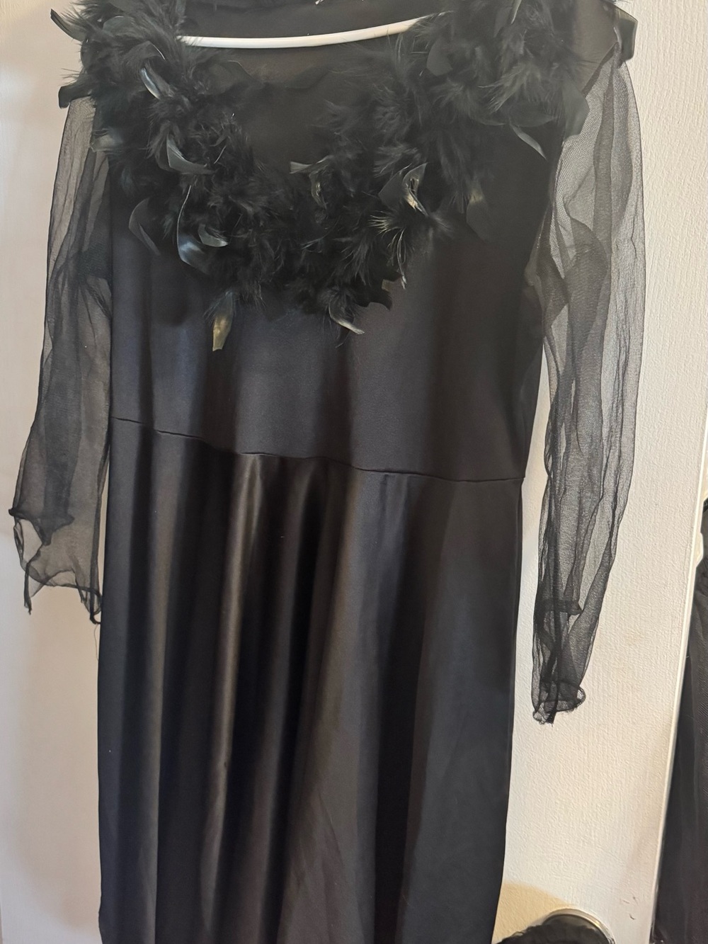 Halloween Black Feather-Trim Sheer Sleeve Dress